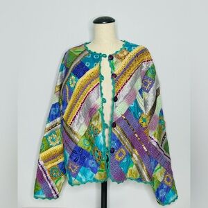 Vintage Patchwork Kantha Silk and Crochet Jacket Reversible Quilted MEASUREMENTS